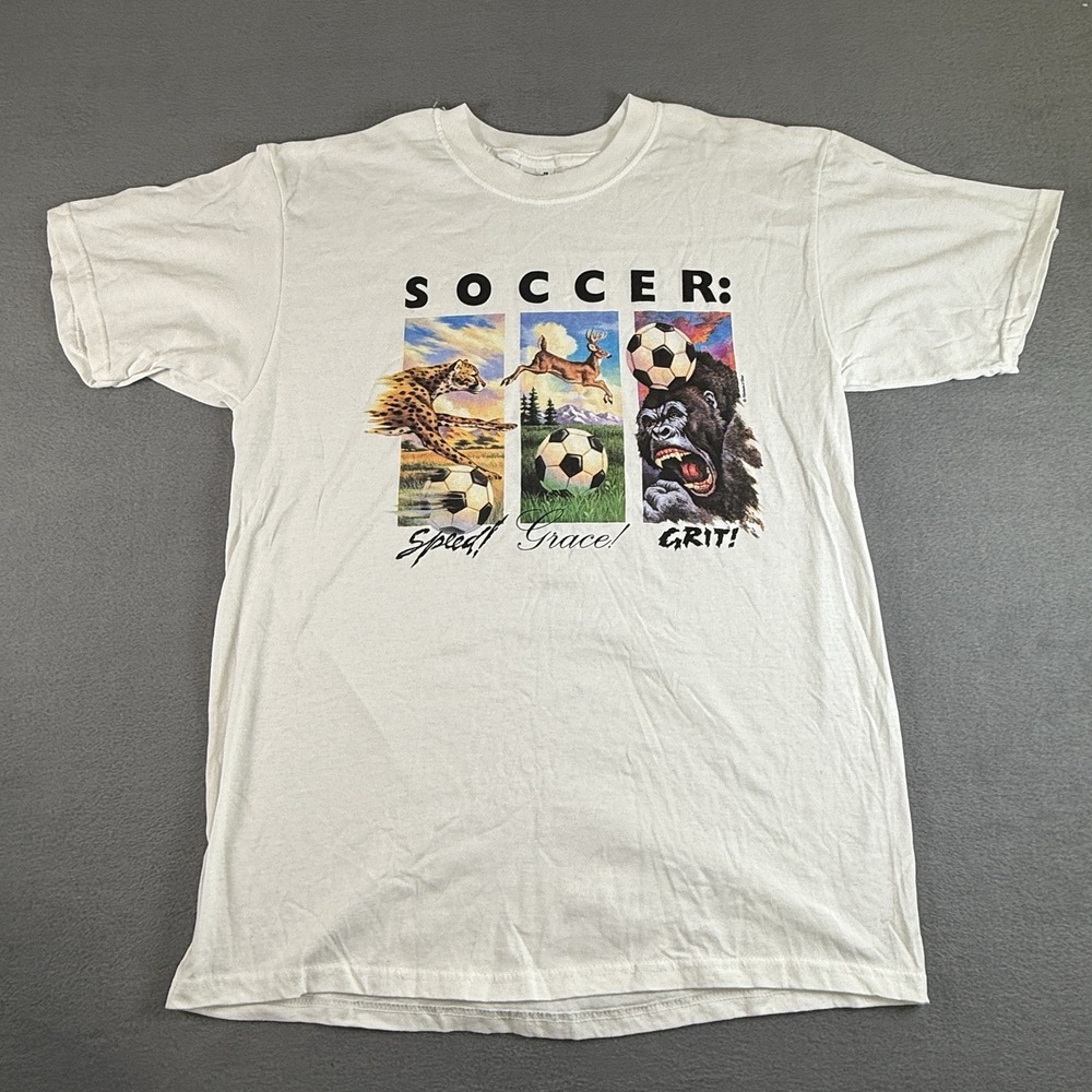 Vintage Soccer Human TEES Shirt Mens Large‎ White Single Stitch Animals USA